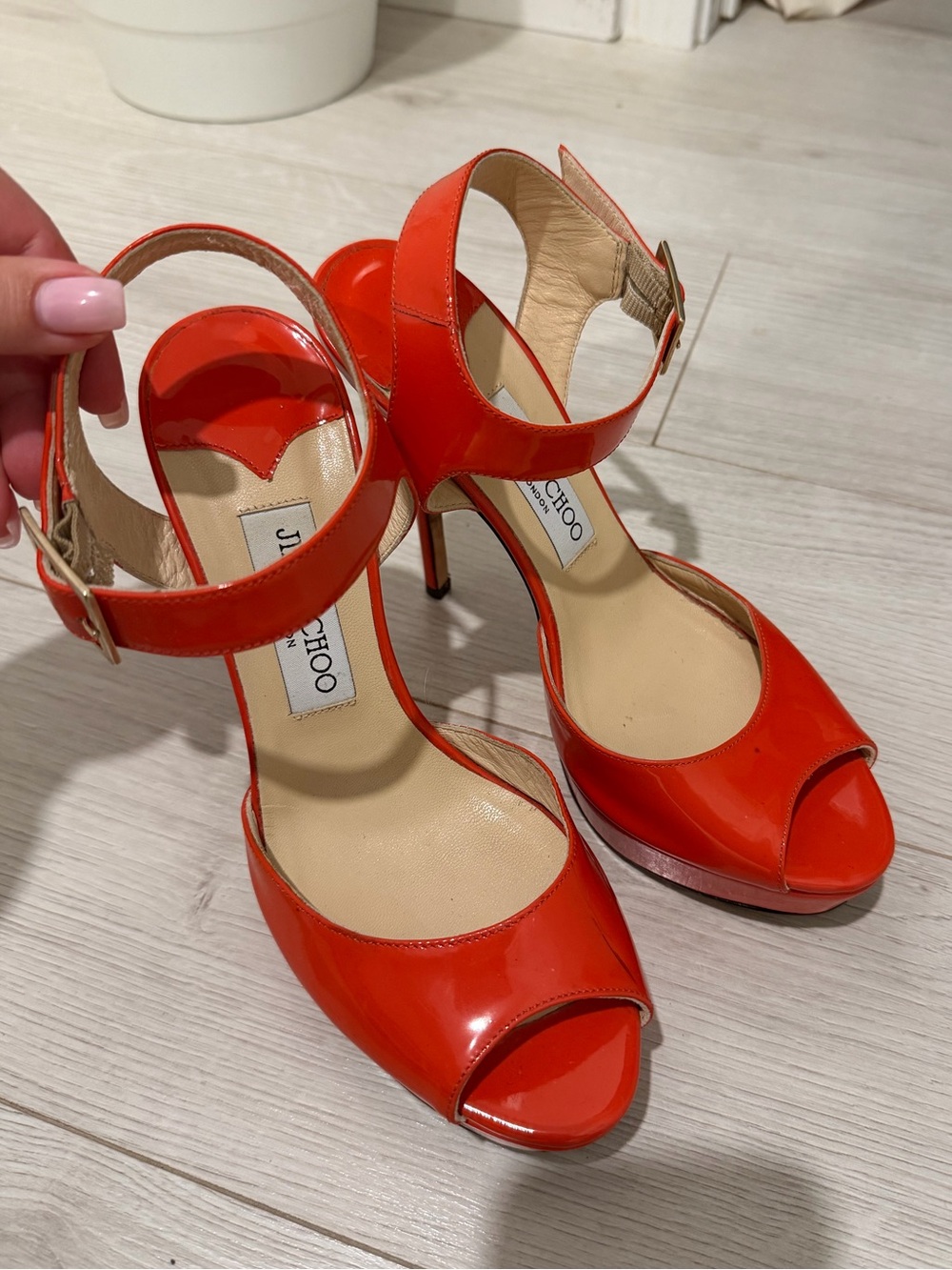 Jimmy Choo Red-Orange Patent Leather Peep-Toe Heels with Ankle Strap